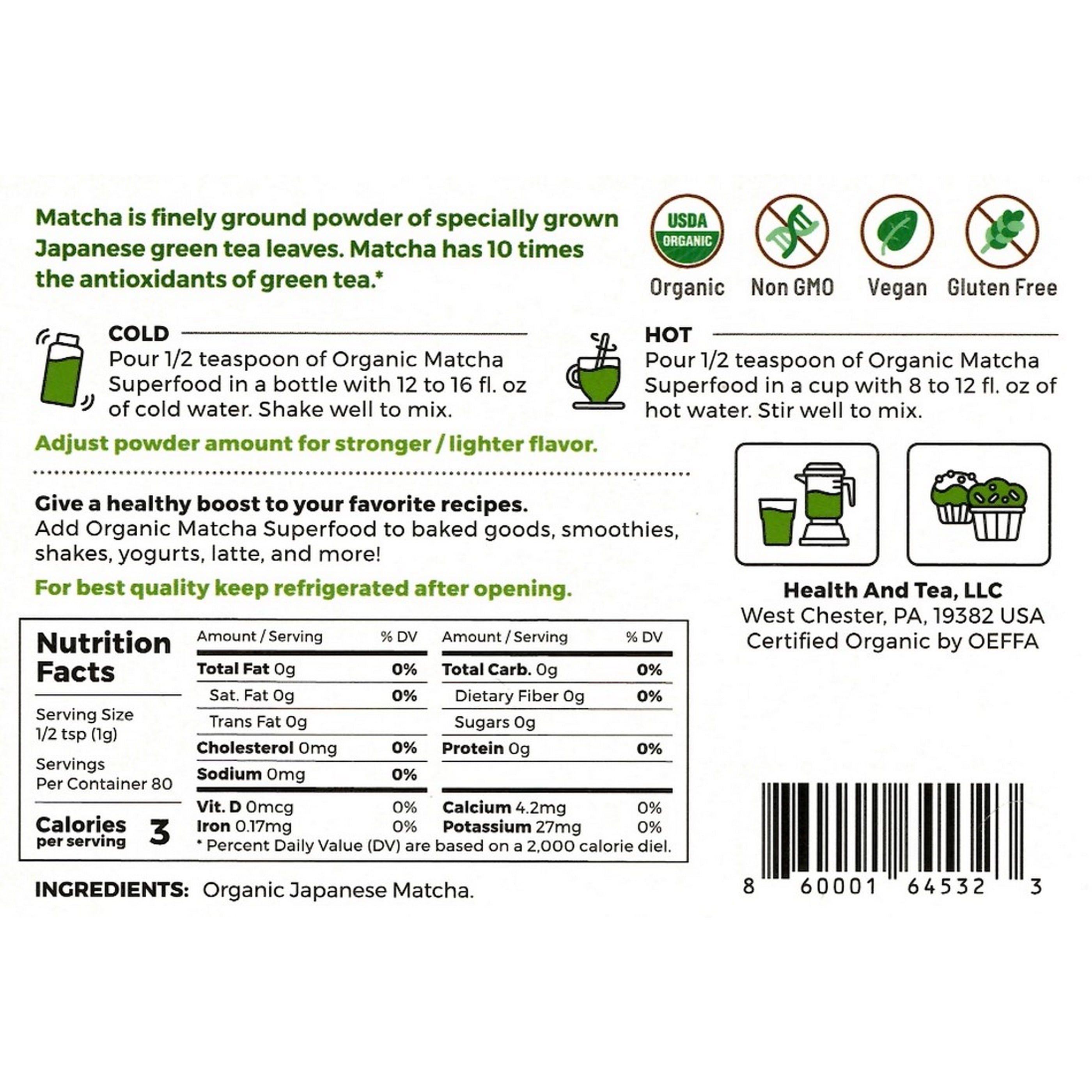 Health&Tea Matcha Superfood, Organic, Japan Premium Matcha, 80 Servings, 2.8oz