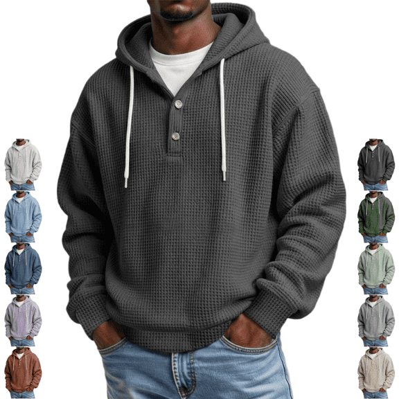 LNZGNM Henley Hoodie for Men Waffle Knit Drawstring Pullover Long Sleeve Casual Loose Fit Sweatshirt Hooded Tops 2026, Black (XXL)