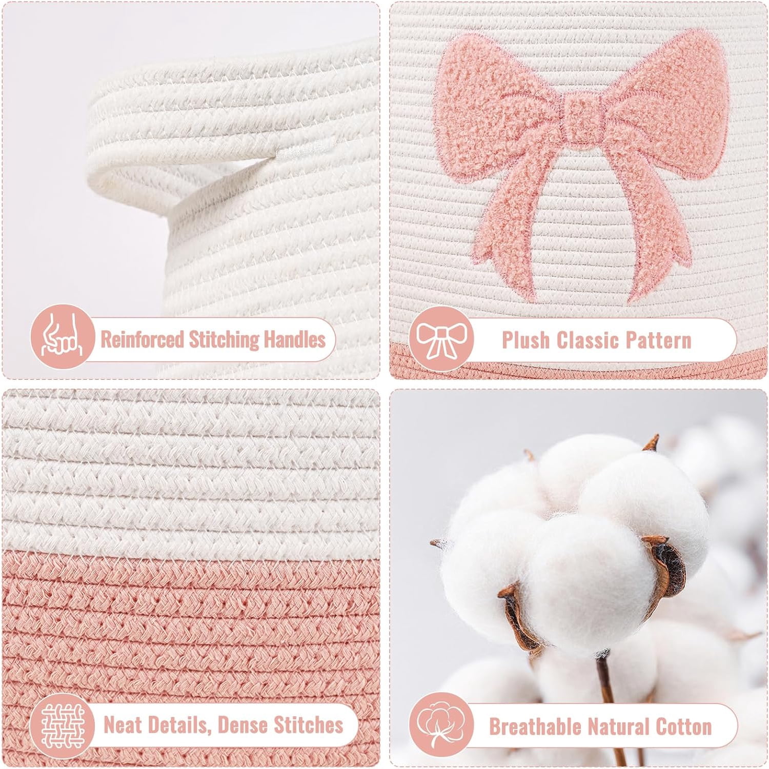 Natubeau Woven Storage Basket for Shelves, Cotton Rope Baskets, Toy and Blanket Storage Baskets for Kids, Pink Bow Round Hamper with Handles, 17"x15.7