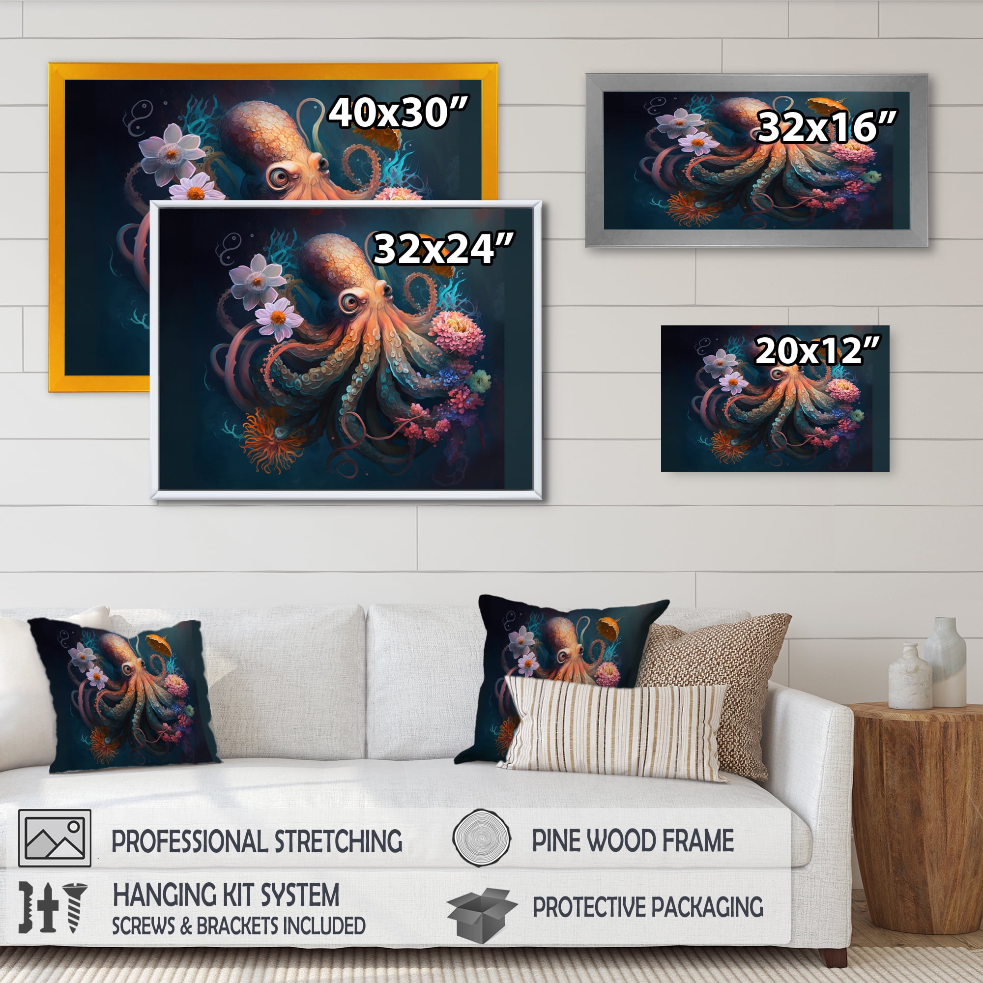 Designart Octopus In The Ocean With Flowers II Canvas Wall Art