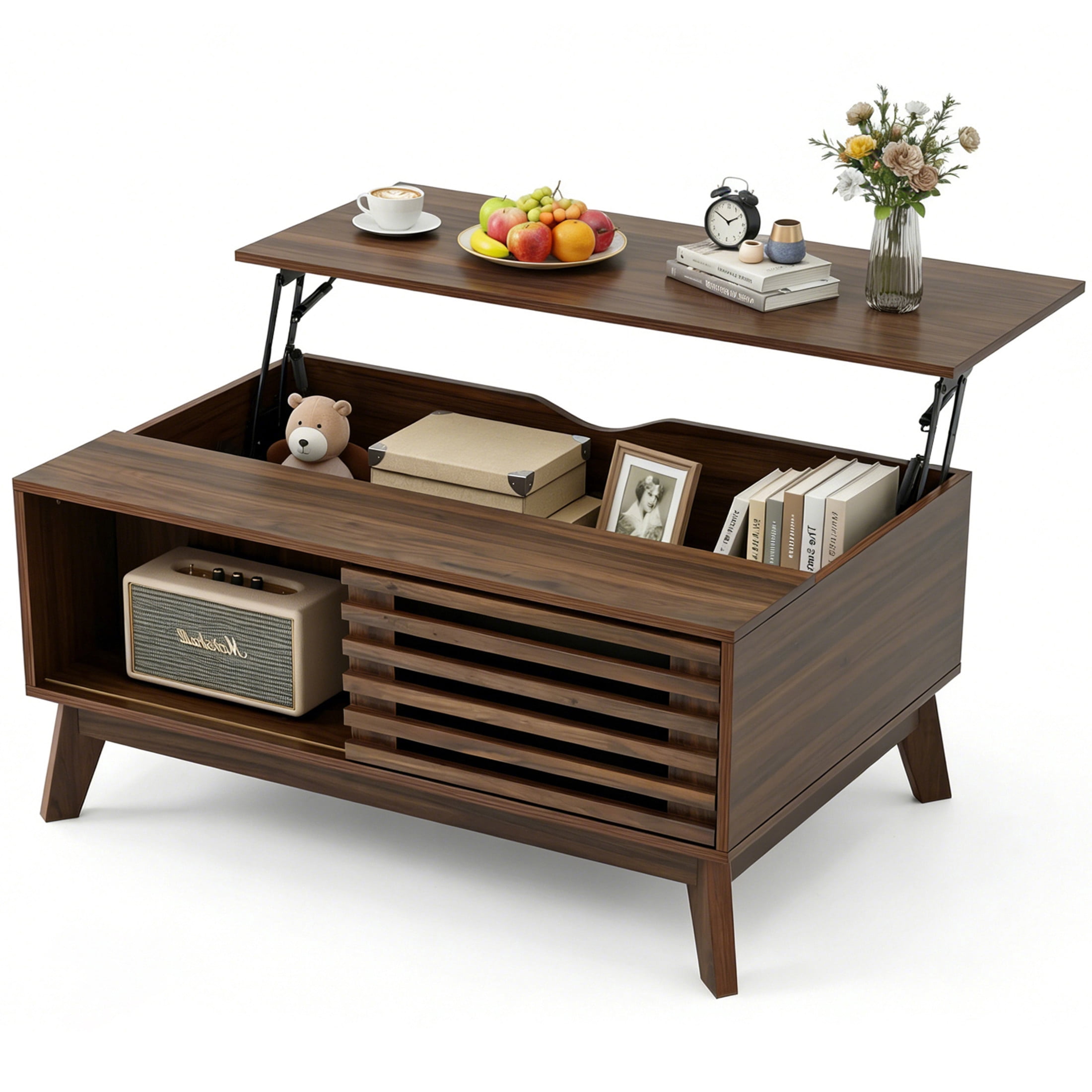 Noble House 35" Lift Top Coffee Table with Hidden Storage, Mid-Century Table with Slatted Sliding Door, Walnut
