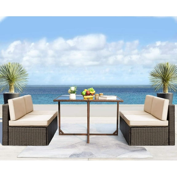 Vineego 5 Pieces Patio Dining Sets Outdoor Conversation Sets Wicker Patio Sectional Sofa with Tempered Glass Table(Beige)