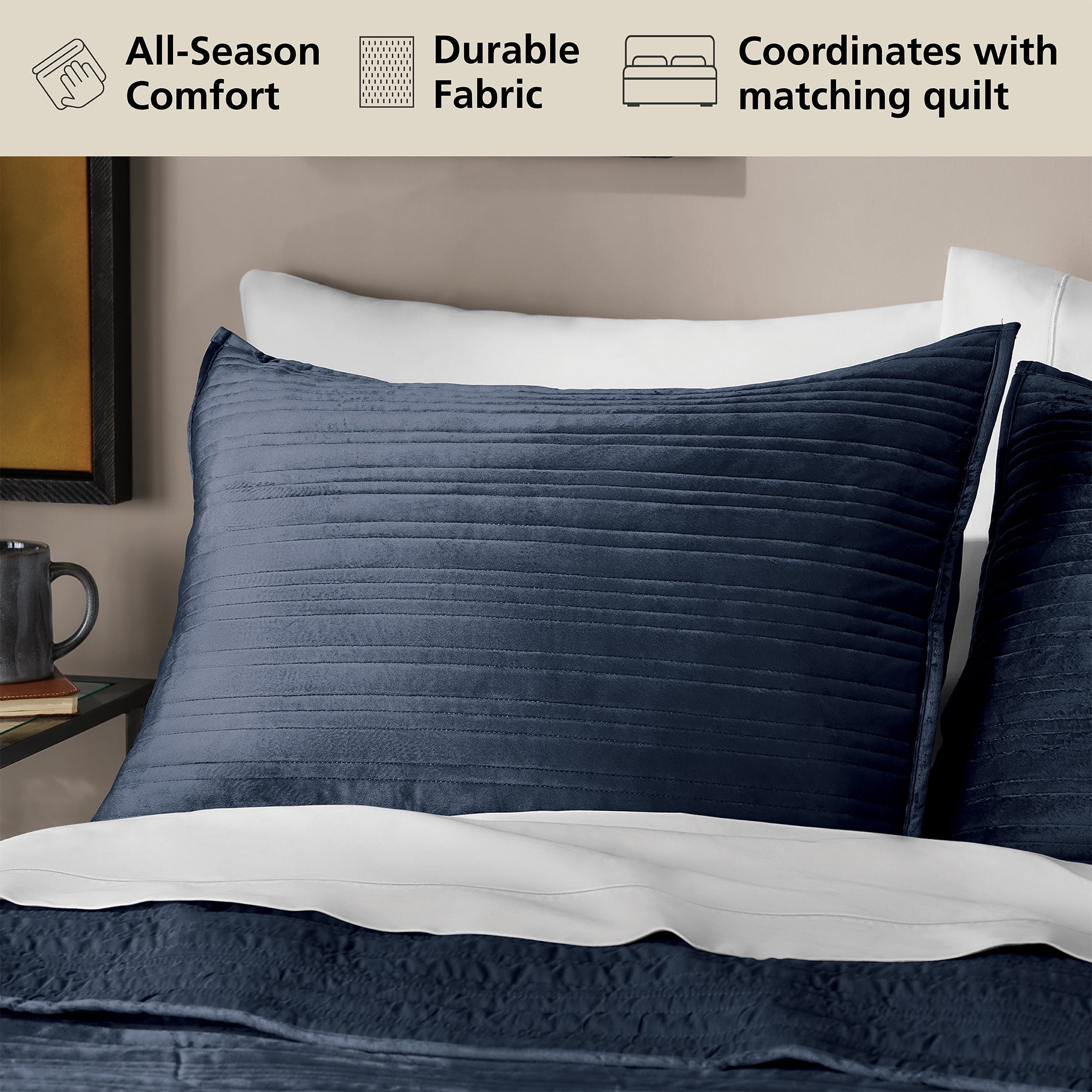 Mainstays Soft Velvet Stripe Quilted Pillow Sham, Dark Blue, King, 2 Pack, All Ages
