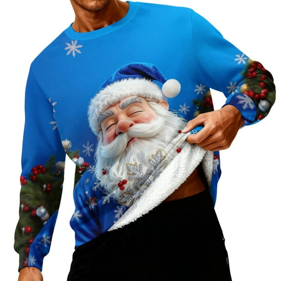 QHRMKOG 2026 New Christmas Sweatshirts Men Warm Santa Claus Graphic Crew Neck Sweater Relaxed Fit Long Sleeve Fleece-Iined Sweatshirts Autumn Casual Top Blue S