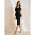 thumbnail image 5 of Black Off-The-Shoulder Cinched Waist Fitted Midi Dress For Women Party Occasion, 5 of 6