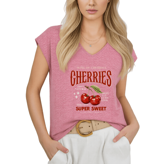 Cozymy Women V-Neck Sleeveless T-Shirt King of Cherries Graphic Vintage Style Minimalist Casual Summer Vacation Plus Size Tee S-5XL