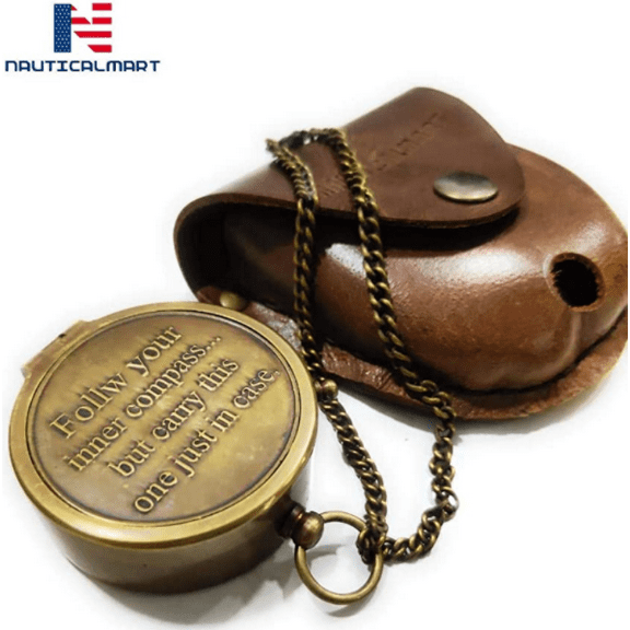 NauticalMart Brass Compass Follow Your Inner Compass Quote Engraved with Leather Case for Camping, Hiking, Touring