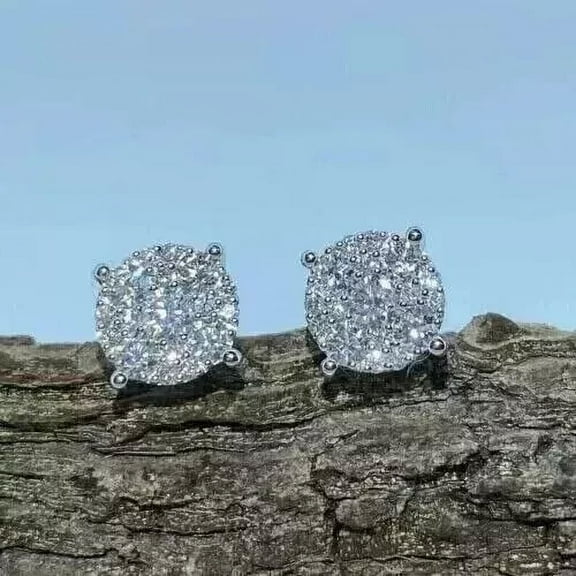 14K White Gold Plated 2Ct Round Cut Lab Created Diamond Cluster Stud Earrings