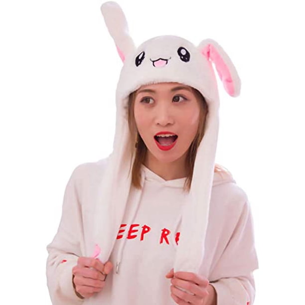 Gorro de conejo con orejas móviles, gorro saltarín, divertido gorro de conejo de peluche, gorro para mujer y niña, cosplay, fiesta de Navidad, gorro festivo (blanco)