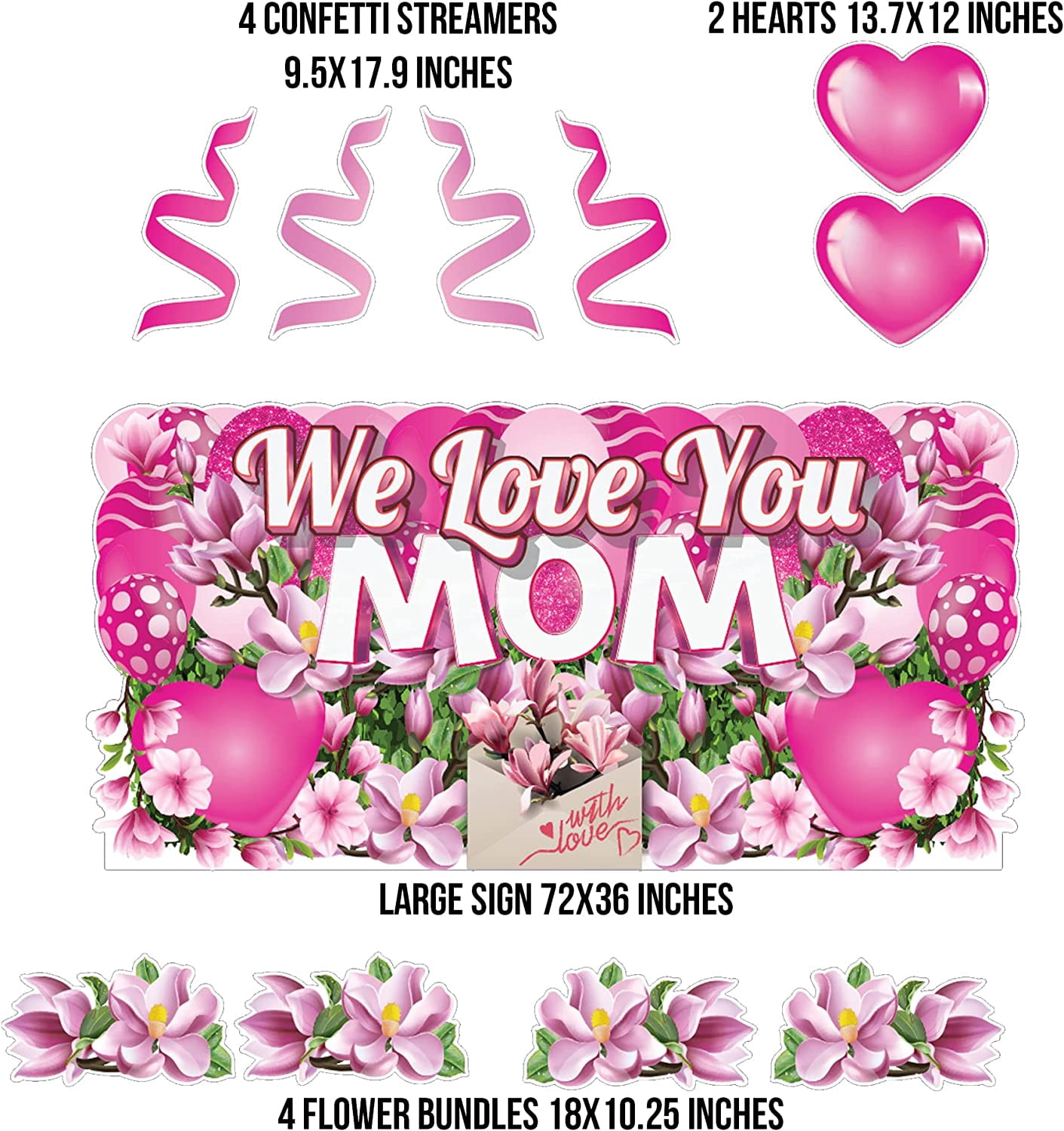 VictoryStore Huge Mother's Day Yard Signs, 36x72 Inches We Love You Mom Sign, Waterproof Corrugated Plastic, Includes Stakes, 11 Yard Signs (Pink)