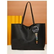 Necano Women Tote Bag Pu leather Tassels Shoulder Handbags Purses Bags with Love tag- Black
