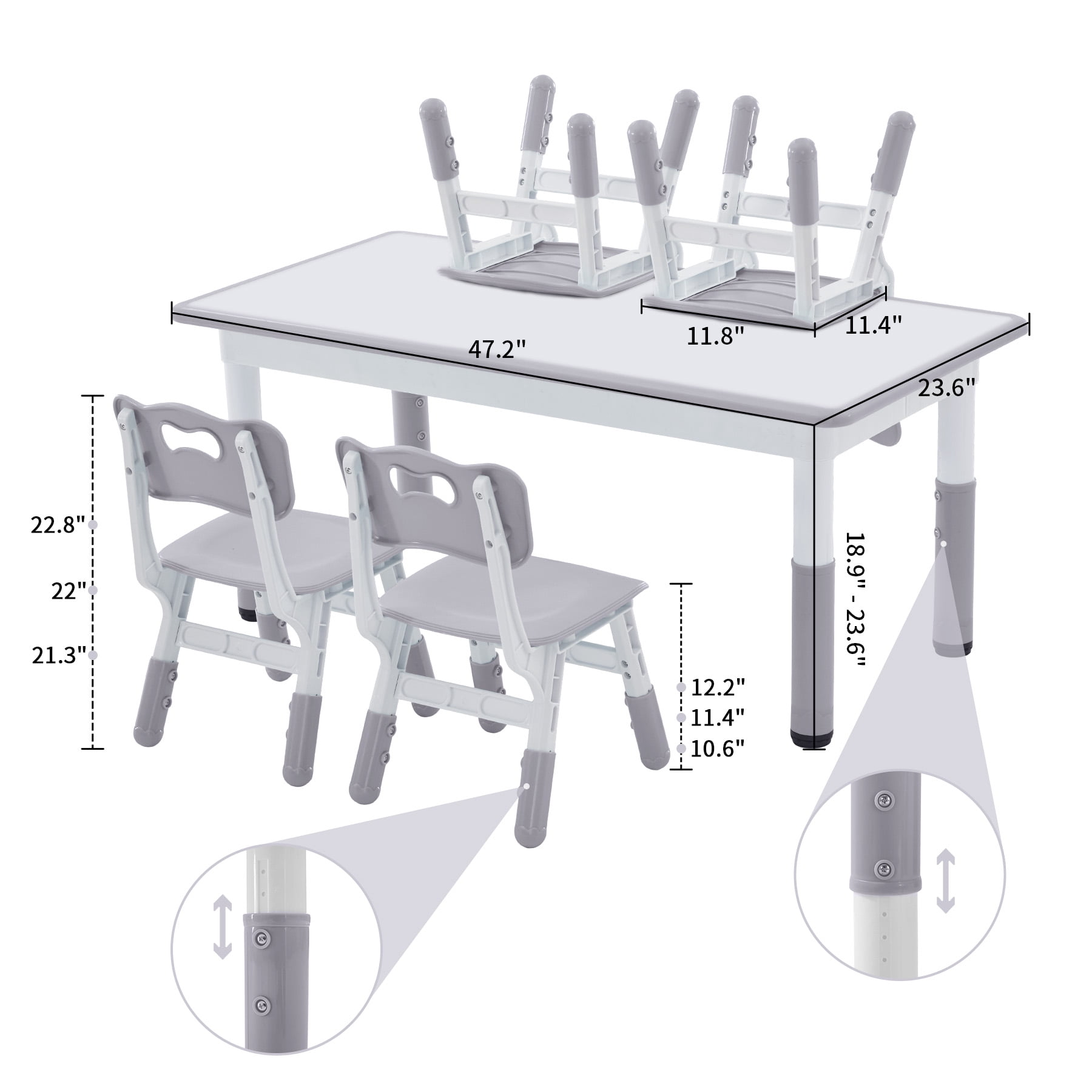 DOREROOM Toddler Table and Chairs Set for 4, 47.2''L x 23.6''W Kids Study Table and Chair Set, Height-Adjustable, Graffiti Desktop, Children Activity Table for Daycare, Classroom, Home