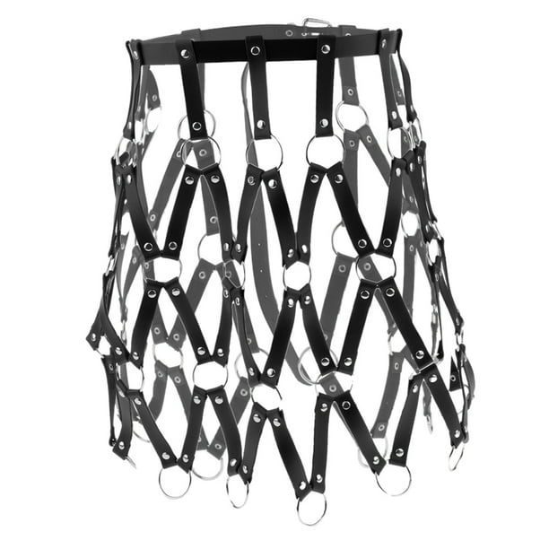 Cinturón de de Arnés de Cuerpo de material cuero Punk para Mujer con Cadena de Metal - negro, talla inconfundible 黑色 Yinane Falda del arnés del cuerpo de las mujeres