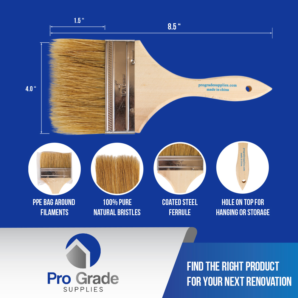 Pro Grade Chip Brush, 4 inch Professional Paint Brushes, 24 Pack, Natural China Bristle Paintbrush Set