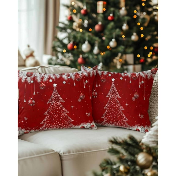 Christmas Decorative Throw Pillow Covers 12x20 Inch Set of 2 Red Pillow Cases for Couch, Christmas Balls Tree Snowflake Cushion Case for Living Room Bedroom Bed Car Chair