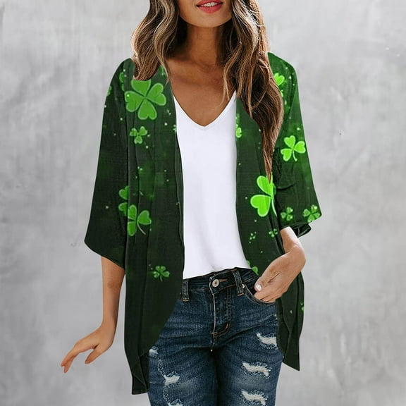 Cavosen St Patricks Day Womens Cardigan Sweaters Open in Front Green Kimonos Shamrock Print Festival Cardigan 3/4 Sleeve Lightweight Holiday Sweaters Summer Beach Outwear L