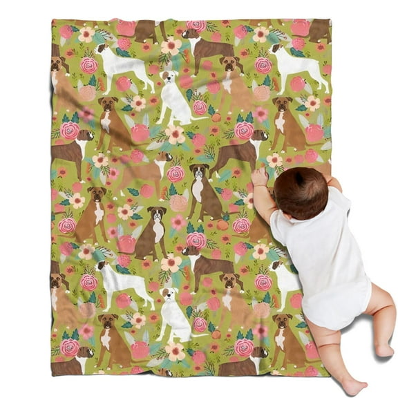 Cute Boxer Dog and Flowers Florals Blanket,Comfortable Soft Flannel Throw Blanket,All Season,Warm Lightweight Blankets for Sofa Bed Couch Living Room Chair,30"x40"(80x100cm)