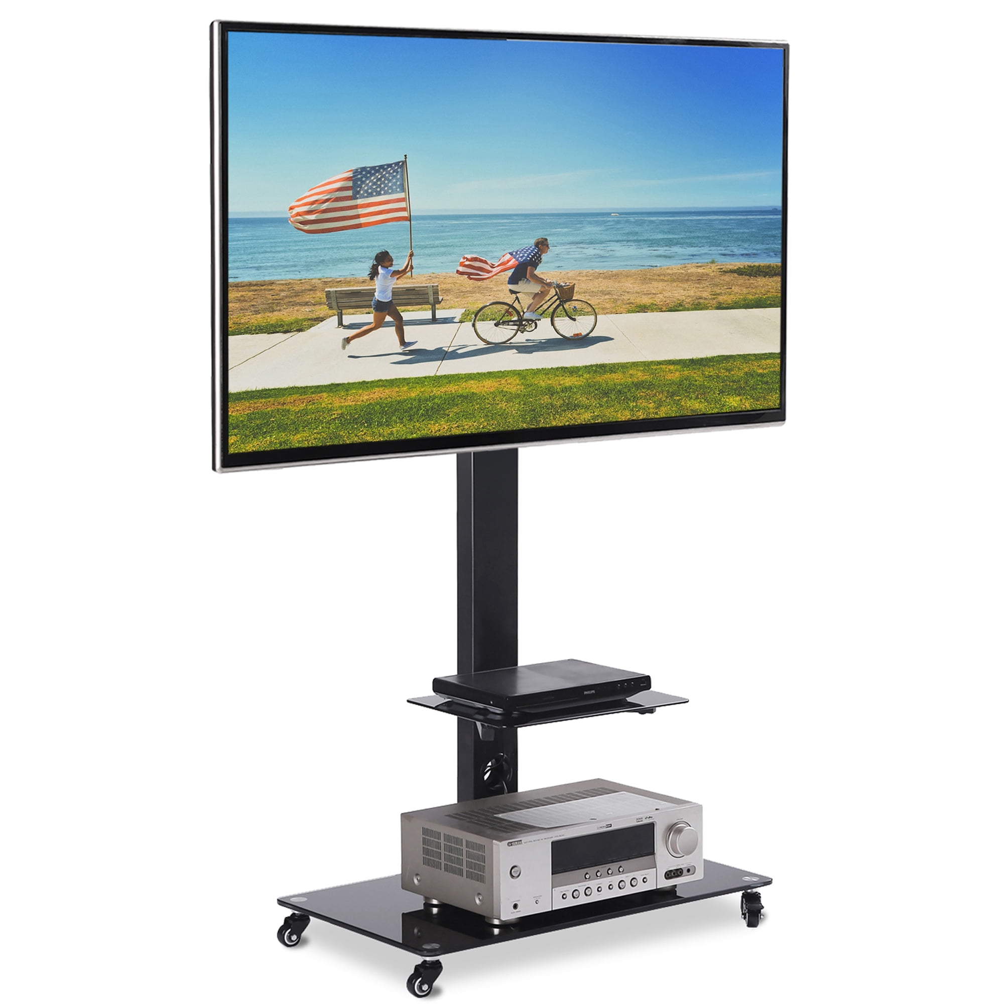 Rfiver Mobile Floor TV Stand Cart with Audio Shelf and Heavy Duty Lockable Caster Wheels, for 37 to 70 inch LCD LED Oled Qled Flat Panel Screen or Curved TVs,TF50011