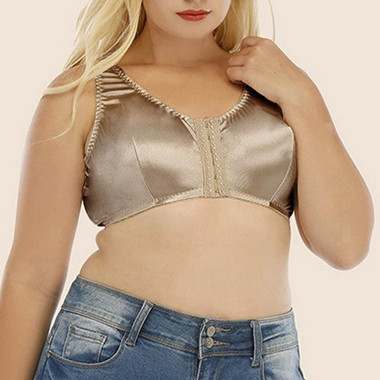 Olyvenn Women s Front Closure Satin Bra Lightly Padded Wirefree Full Coverage Bras Plus Size Comfort Bras Beige L