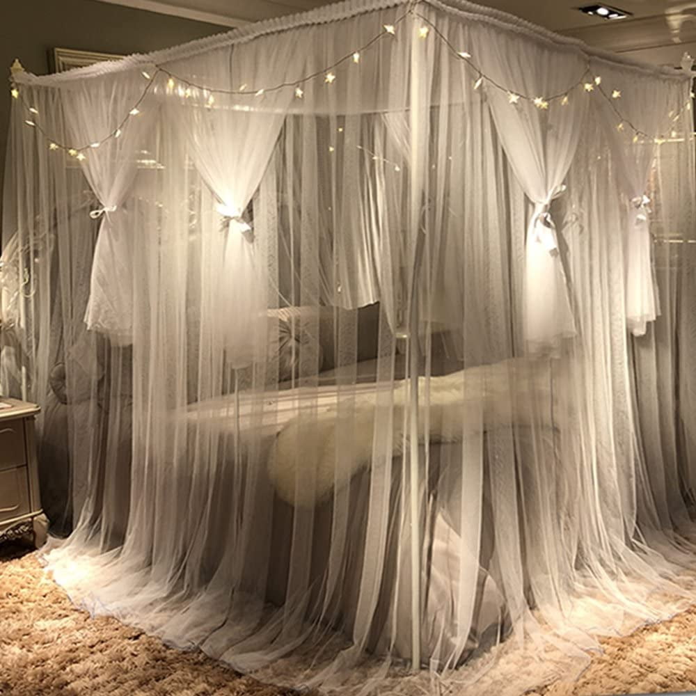 4 Corners Post Canopy Bed Curtain for Girls & Adults - Royal Luxurious Cozy Drapes - Cute Princess Bedroom Decoration Accessories (White, Full/Queen)