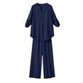 thumbnail image 4 of Cagogo Women Plus Size 2 Piece Set V Neck Long Sleeve Shirt Wide Leg Pants Casual Loose Outfits Solid Basic Matching Lounge Tracksuits Comfy Travel Airport Clothes, Navy 3XL, 4 of 7