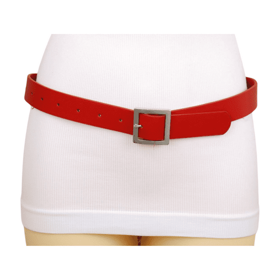 Women Red Faux Leather Skinny Belt Silver Square Metal Buckle S M