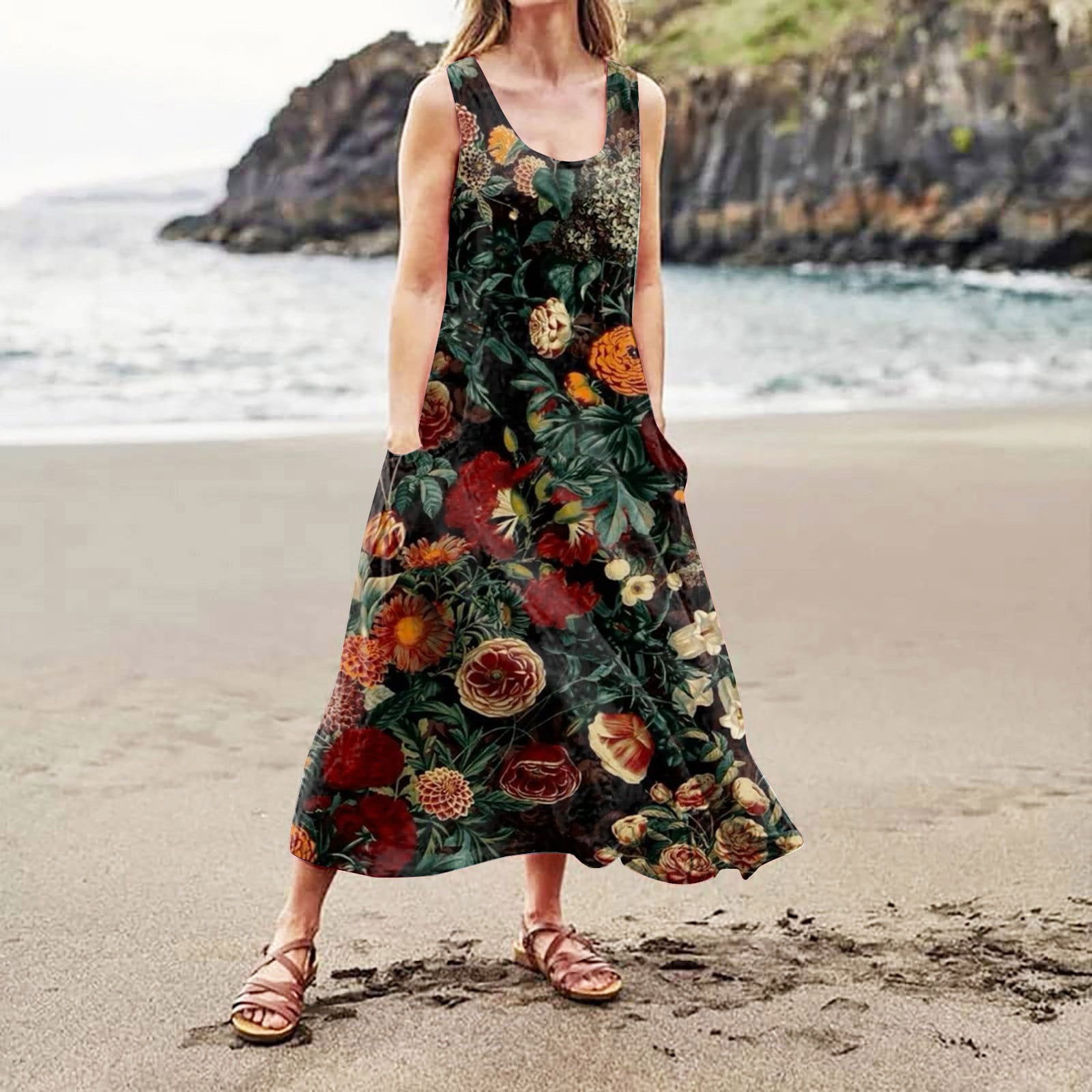 Sksloeg Summer Dress Plus Size Sleeveless Cotton Linen Long