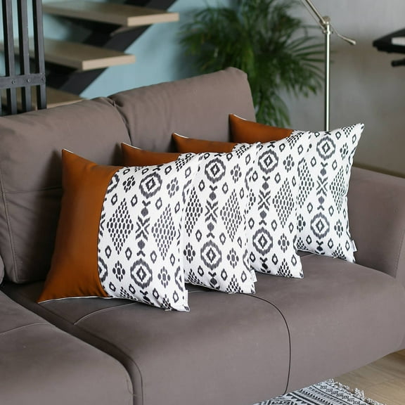 Boho Set of 4 Handcrafted Decorative Throw Pillow Cover Vegan Faux Leather Geometric 17" x 17" Brown & Ivory Square for Couch, Bedding