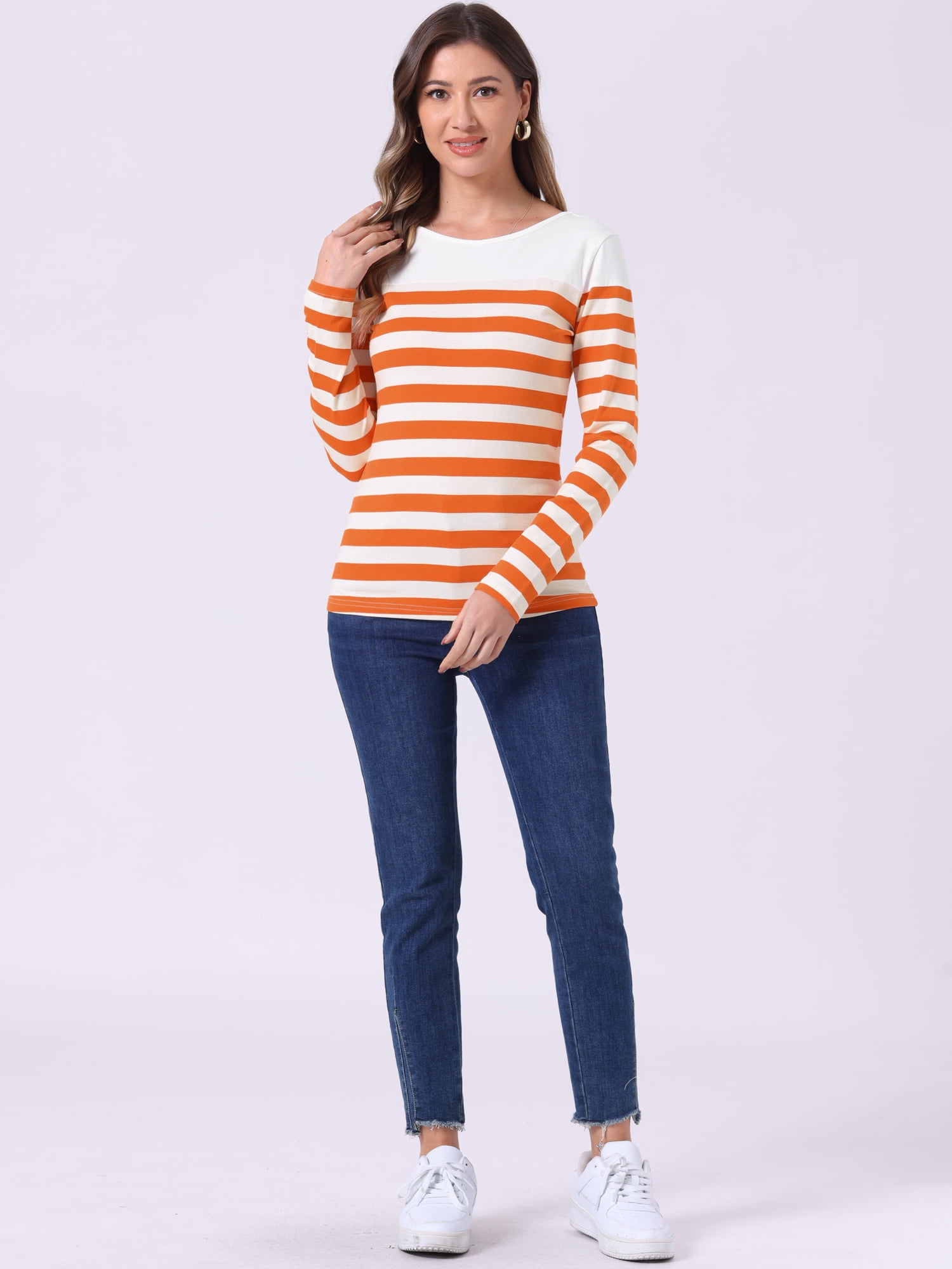 DARING DIVA Women's Color Block Striped Knit Top Long Sleeves T-Shirt S Orange