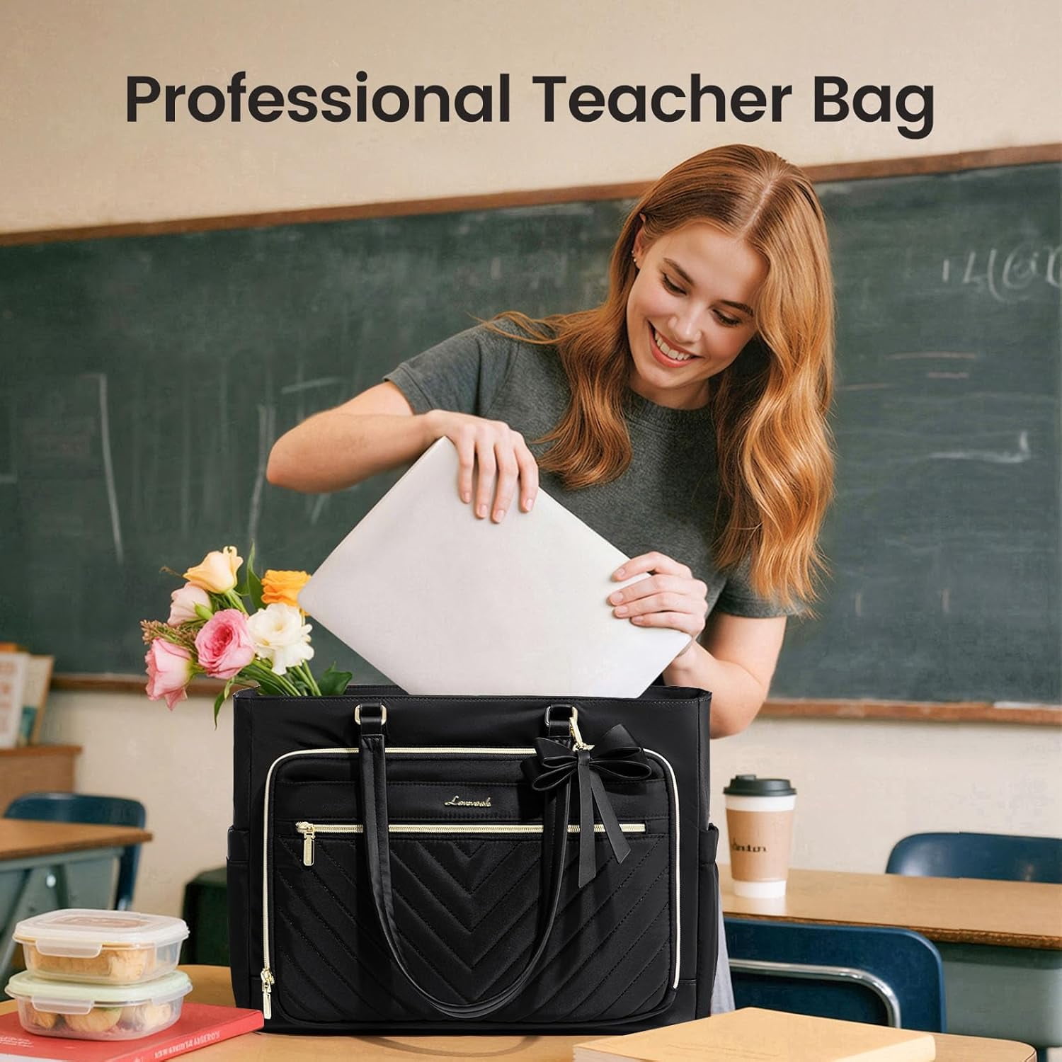 LOVEVOOK Quilted Teacher Tote Bag for Women, Large Laptop Tote with Cup Holder & Multi-Pockets, Work Bag for Nurse, Office, College, Business Travel, Diaper Bag, Computer Handbag Purse