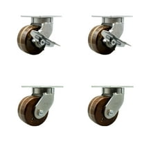 6 Inch Heavy Duty High Temp Phenolic Caster Set 4 Swivel Locks 2 Brakes SCC