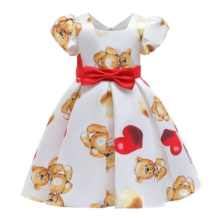 

KIMI BEAR Toddler Baby Girls Dresses 2T Girls Little Princess Style Clothes 3T Girls Little Bear Heart Print Bow Dress White