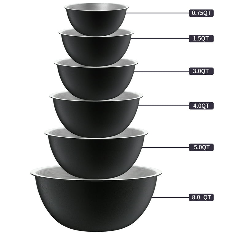 YuCook Mixing Bowls with Lids: 20 Pcs Stainless Steel Mixing Bowls Set with  Rubber Bottom, 7, 4, 3.5, 2.5, 2, 1.5QT Metal Mixing Bowls for Kitchen,  Black 