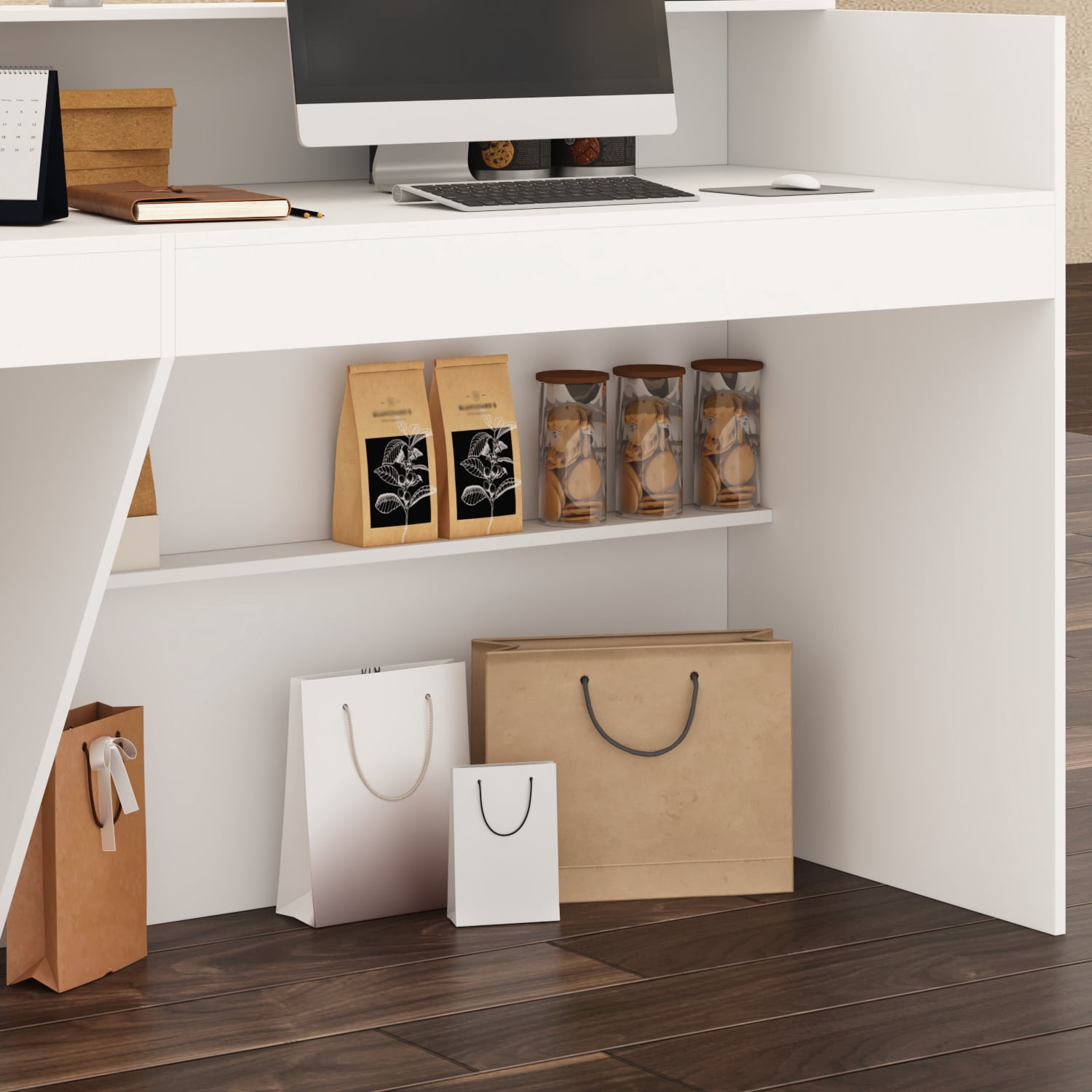 KULAGAGA Reception Desk with Shelves, Modern Front Counter Table Checkout Retail Counter for Reception Room Lobby Shop