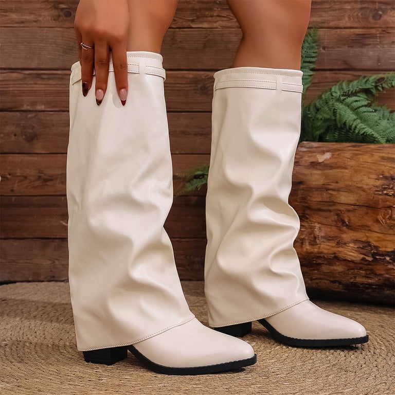 RF Room Of Fashion Women's Knee High Boots - Stacked Wood Heel, Slouchy Pull-On, Regular Calf, White PU, Size 7.5