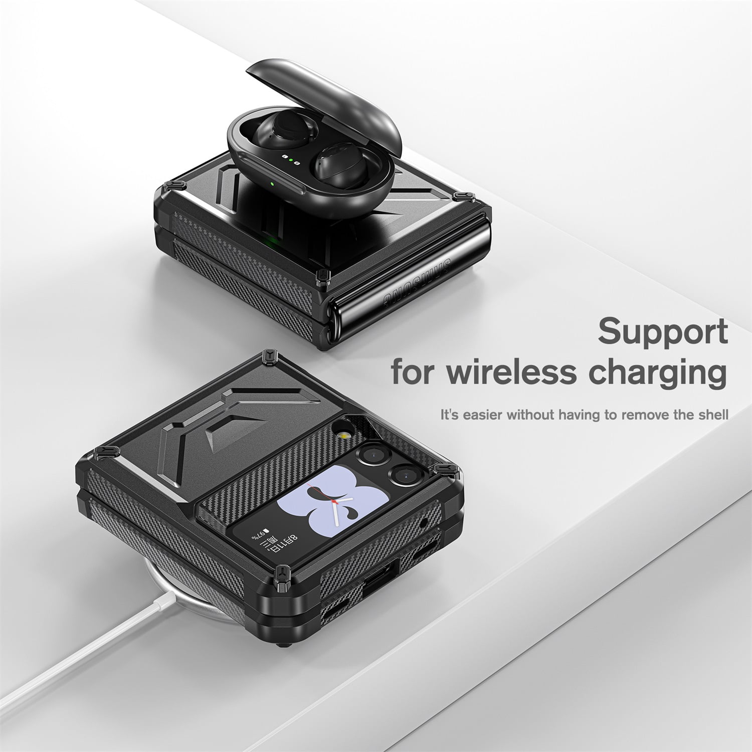Nalacover for Samsung Galaxy Z Flip 3 Wireless Charging Case,Full-Body Protection Military Grade Heavy Duty Rugged Hard PC Armored Dual Layer Built-in Screen Protector Shockproof Cover.Black