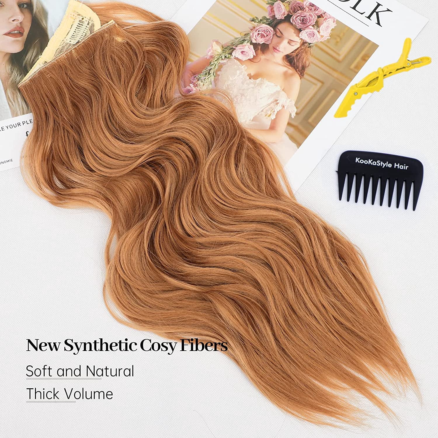 Invisible Wire Hair Extensions with Transparent Wire Headband Adjustable Size 4 Secure Clips Long Wavy Hairpiece 20 Inch Auburn Brown for Women