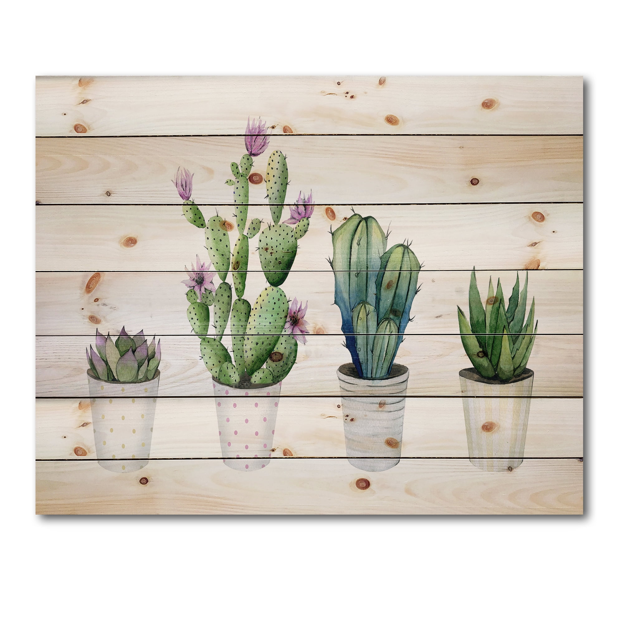 Designart 'Aloe Vera Cactus Succulent Home Plants In The Pots' Botanical Print on Natural Pine Wood