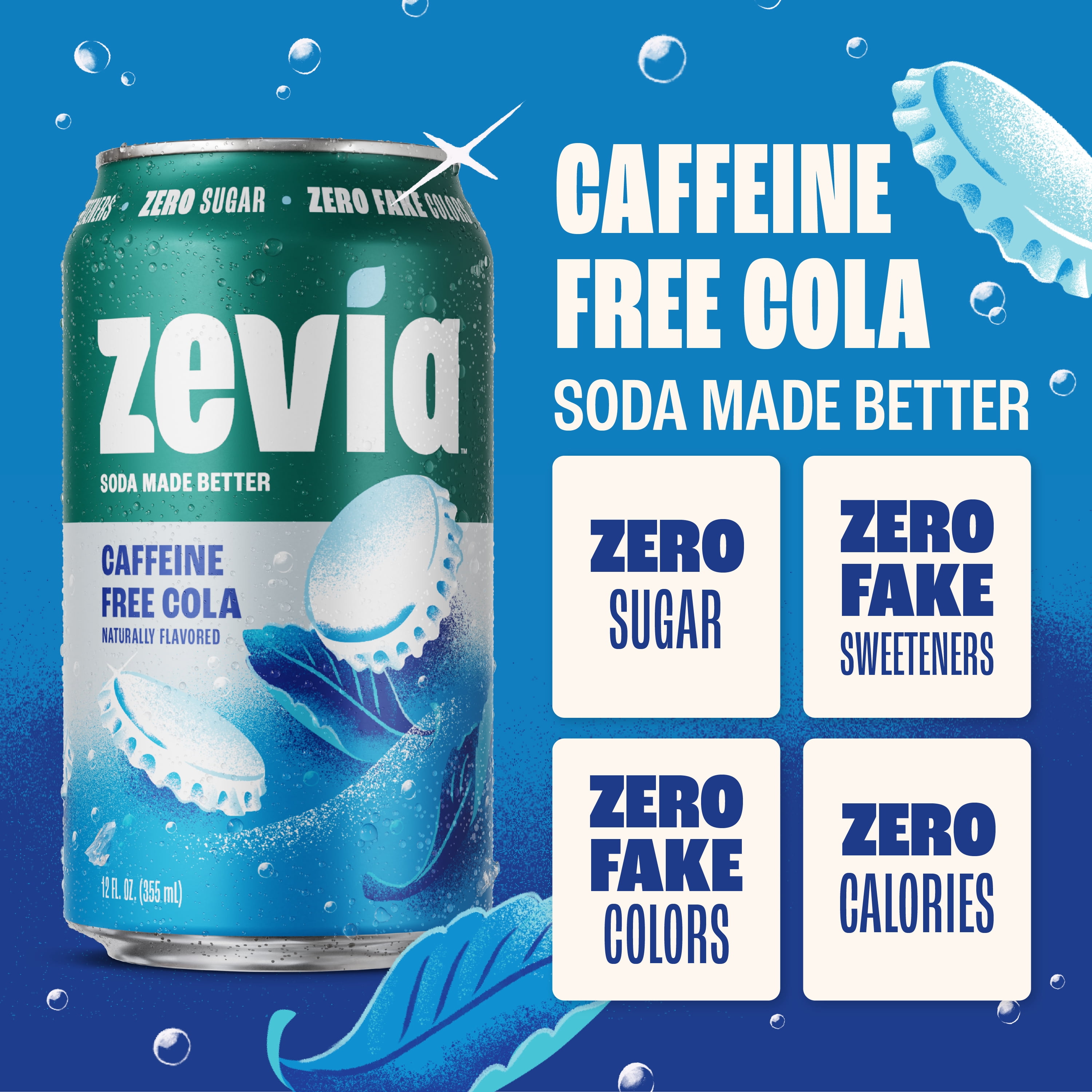 Zevia Zero Sugar Caffeine Free Cola Soda Pop, 12 fl oz, 24 Pack of Cans