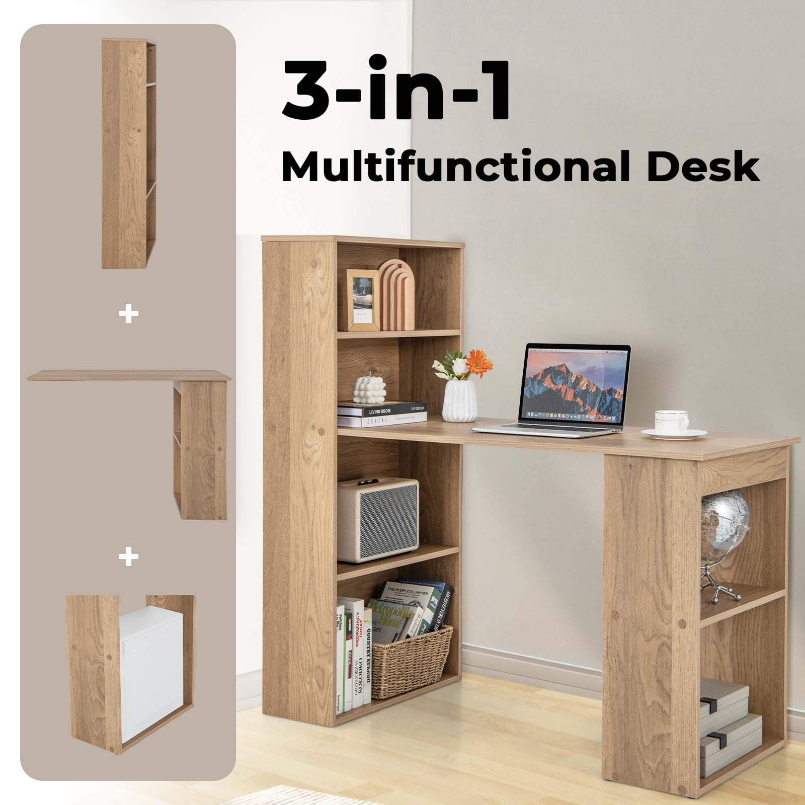 Topbuy 48 Inch Computer Desk with Bookshelf 3-in-1 Home office Desk with 4-Tier Bookcase & CPU Stand Space-saving Reversible Writing Desk Natural