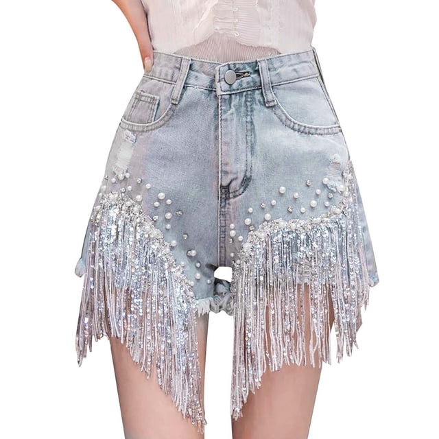 Pantalones cortos de talle alto con tachuelas y borlas para mujer: pantalones cortos anchos de corte A, adornos glamurosos para el verano