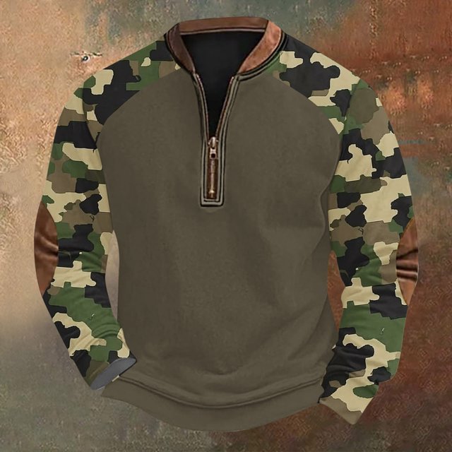 Blusas y camisas de manga larga con cuello redondo para hombre, talla grande, media cremallera, cuello redondo, estampado vintage de camuflaje, blusa de poliéster de manga larga para hombre