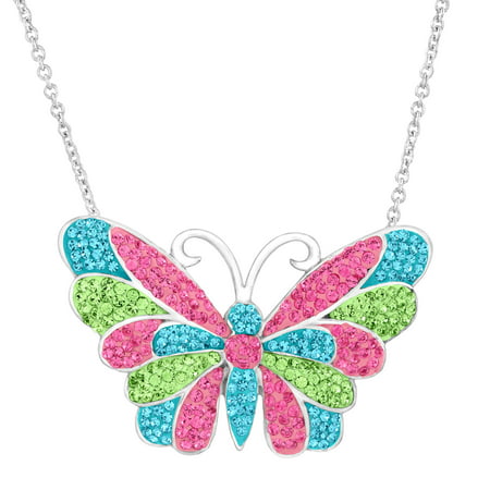 Luminesse Butterfly Pendant Necklace with Pink, Blue and Green Swarovski Crystals in Sterling Silver, 18