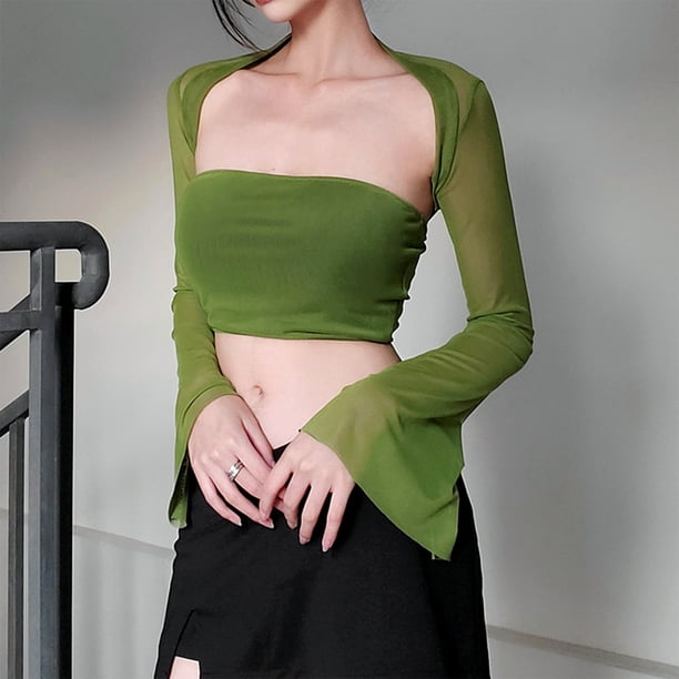 Blusas Cortas Mujeres Backless Crop Tops Conjunto de 2 piezas Mesh Y2K Streetwear Camiseta (Verde L) Cgtredaw Para estrenar