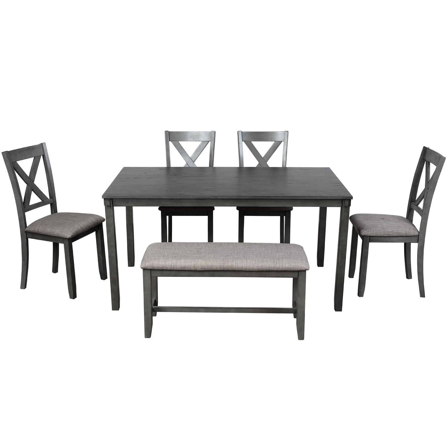 Kadyn Rectangular Dining Table Set 6 Pc, Wooden Modern Dining Chairs Seat, 6-piece Kitchen Dining Table Set Dining Table, 4 Dining Chairs and Bench, Gray Kadyn Rectangular Dining Table Set 6 Pc, Wooden Modern Dining Chairs Seat, 6-piece Kitchen Dining Table Set Dining Table, 4 Dining Chairs and Bench, Gray