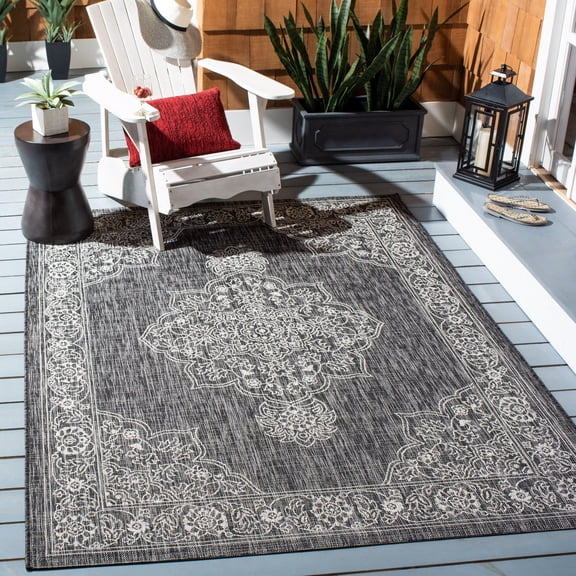 SAFAVIEH Courtyard Lynna Medallion Indoor/Outdoor Area Rug, Black/Grey, 4’ x 5’7”