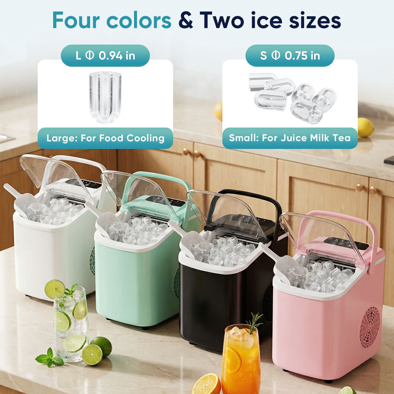 ZHICHUN Portable Desktop Ice Maker 6-8 Mins Fast Ice Machine with Handle Basket Spoon Self-Cleaning