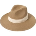 thumbnail image 1 of Women Wide Brim Straw Panama Roll up Hat Fedora Beach Sun Hat UPF50+, 1 of 5