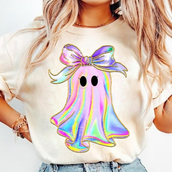 Iridescent Ghost Pumpkin Shirt, Coquette Halloween Design Shirt, Girly Halloween Shirt, Cute Ghost Shirt, Iridescent Pumpkin Halloween Shirt