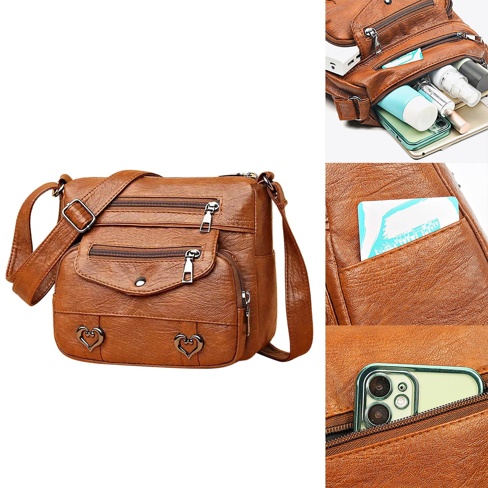 Crossbody Bags for Women Pocketbooks Soft PU Leather Purses and Handbags Multi Pocket Vintage Shoulder Bag with Heart Decor Brown